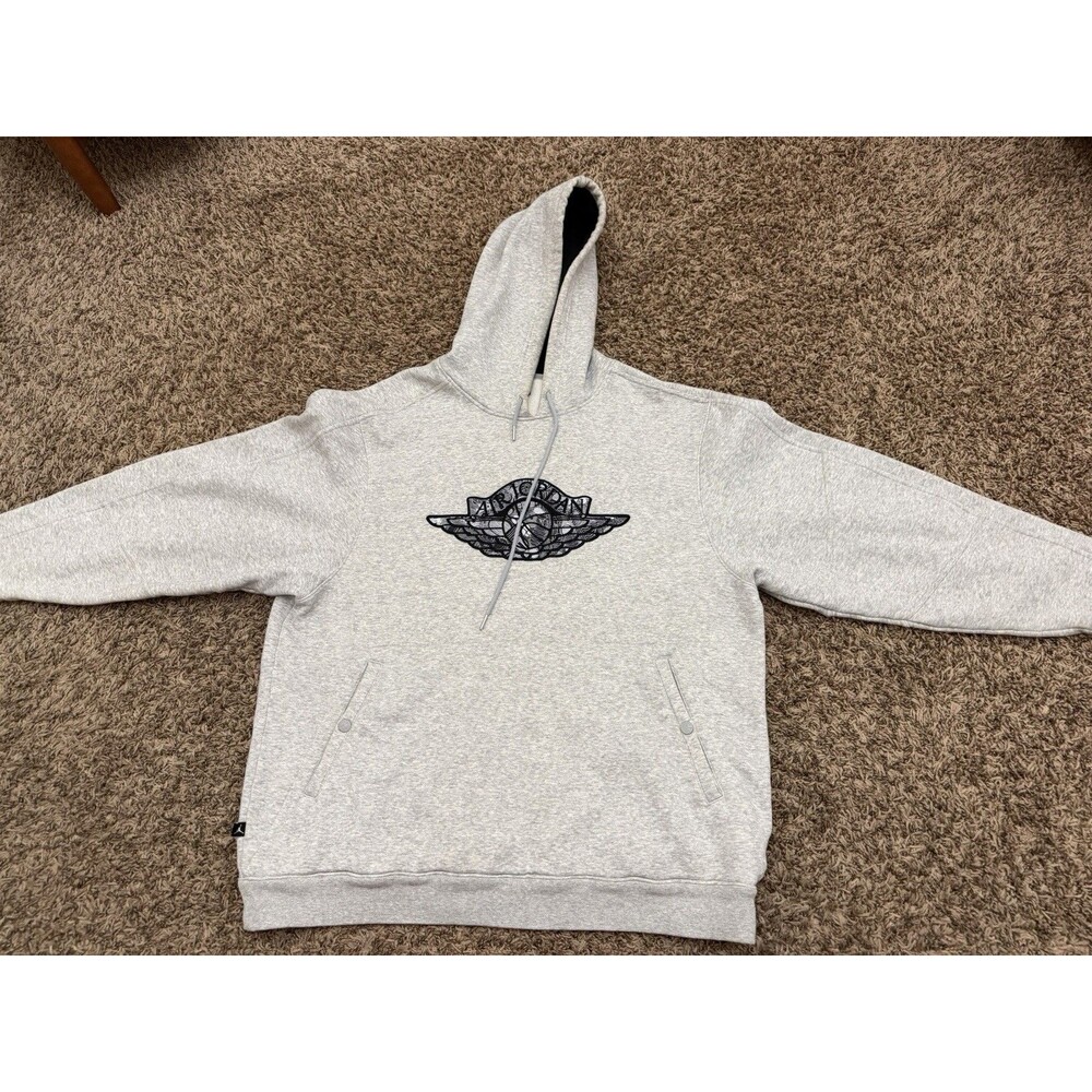 Jordan Wings Embroidered Hoodie Men’s Gray Heavyweight Fleece Size XL